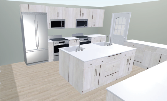 Bright modern kitchen with white cabinets, island, stainless appliances, and light wood flooring