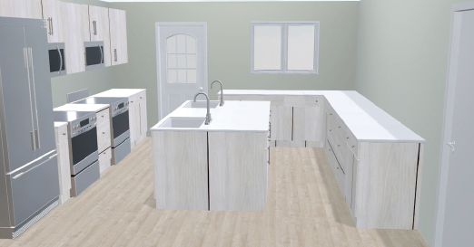 Bright modern kitchen with white cabinets, island, and light wood floors