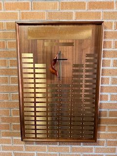 Pastor plaque at the entry way showing all 44 Pastors who have served the PBUMC to date.