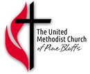 United Methodist Church of Pine Bluffs logo: Black cross, red flame, text on white background.