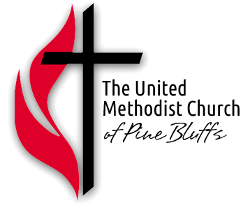 United Methodist Church of Pine Bluffs logo: Black cross, red flame, text on white background.