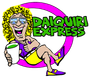 Cartoon woman with sunglasses and a green drink, "Daiquiri Express" logo.
