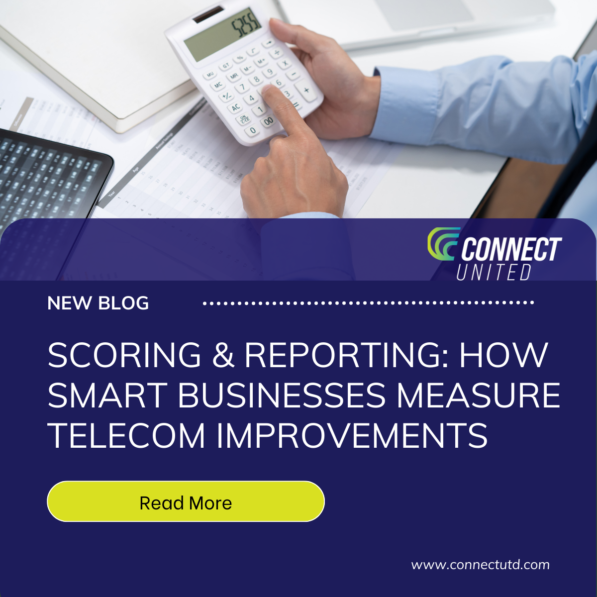 Business blog banner on telecom scoring and reporting, with calculator and laptop on a desk, blue and purple design