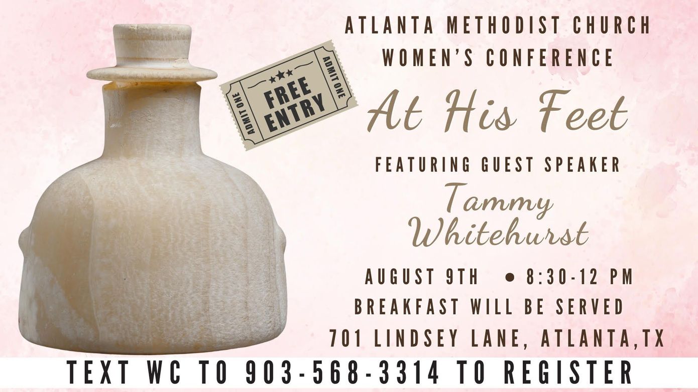 An advertisement for a women 's conference at his feet