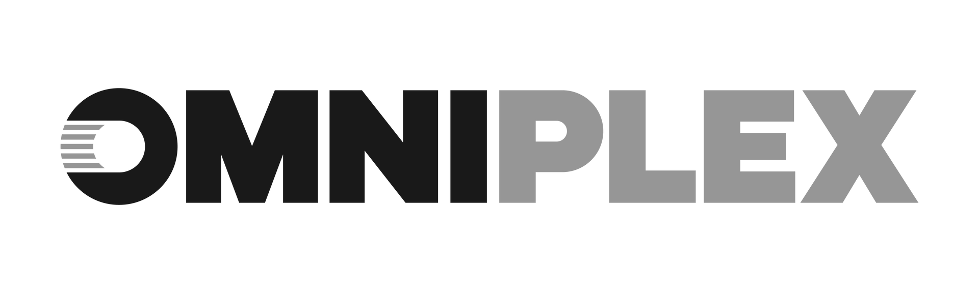 Omniplex logo: text with the first two letters (OM) as a circle with horizontal lines and the remaining letters in a darker gray.