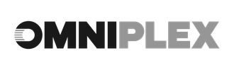 Omniplex logo: text with the first two letters (OM) as a circle with horizontal lines and the remaining letters in a darker gray.