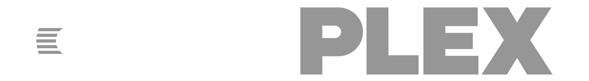 Plex logo: a gray text on a white background. There is a vertical stack of four short horizontal bars to the left of the word.