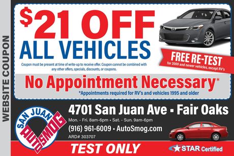 A coupon for $ 21 off all vehicles from san juan auto smog
