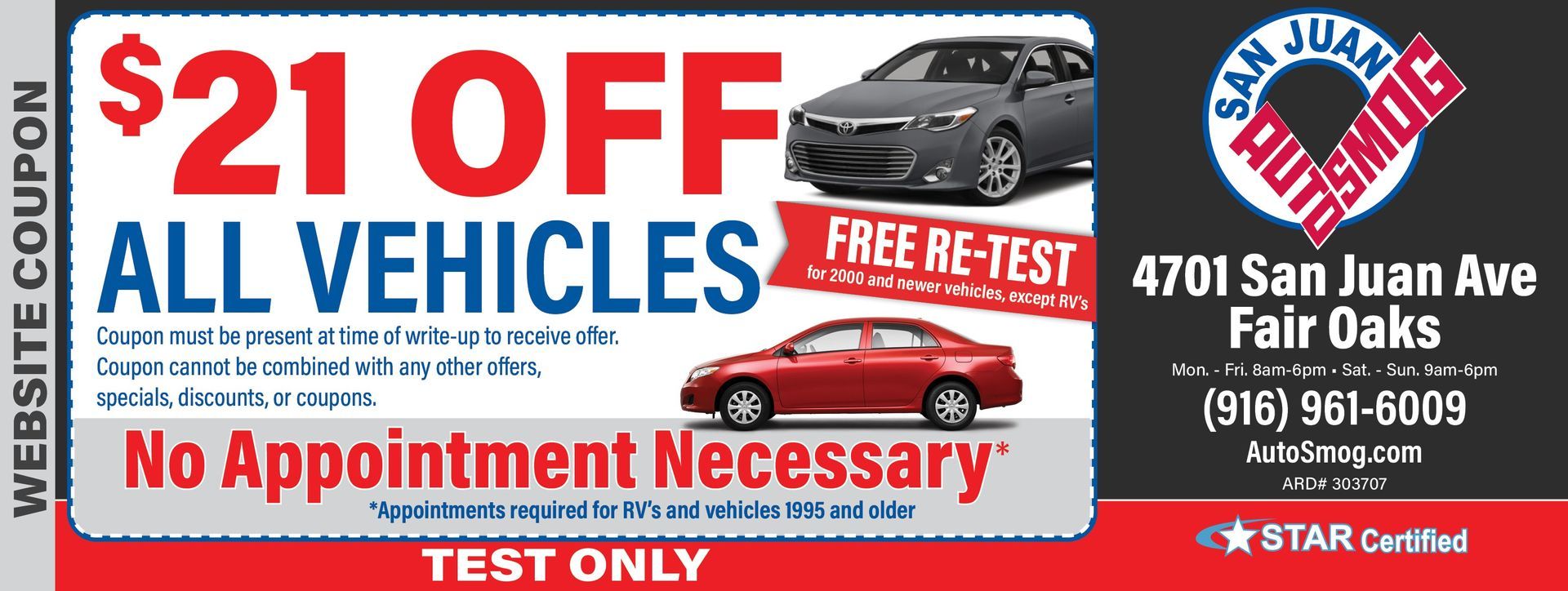 A coupon that says $ 21 off all vehicles