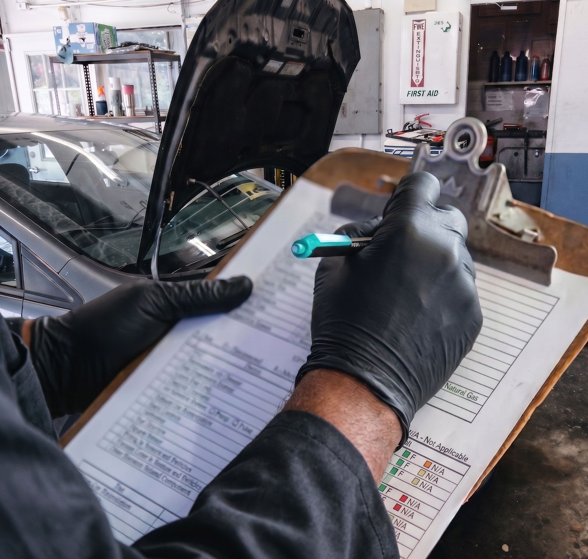 Technician completing a multi-point vehicle inspection checklist at San Juan Auto Smog