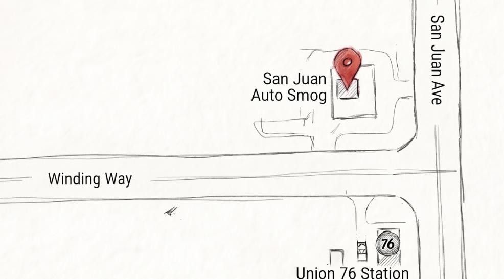 Hand drawn map of San Juan auto Smog location