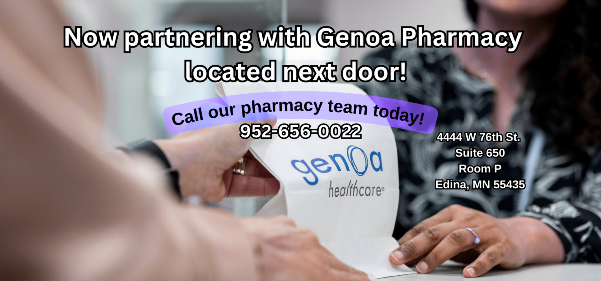 A person is holding a piece of paper that says genoa pharmacy on it.