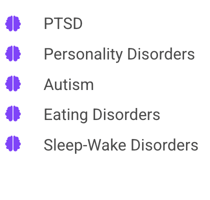A list of disorders including ptsd personality disorders autism eating disorders sleep-wake disorders
