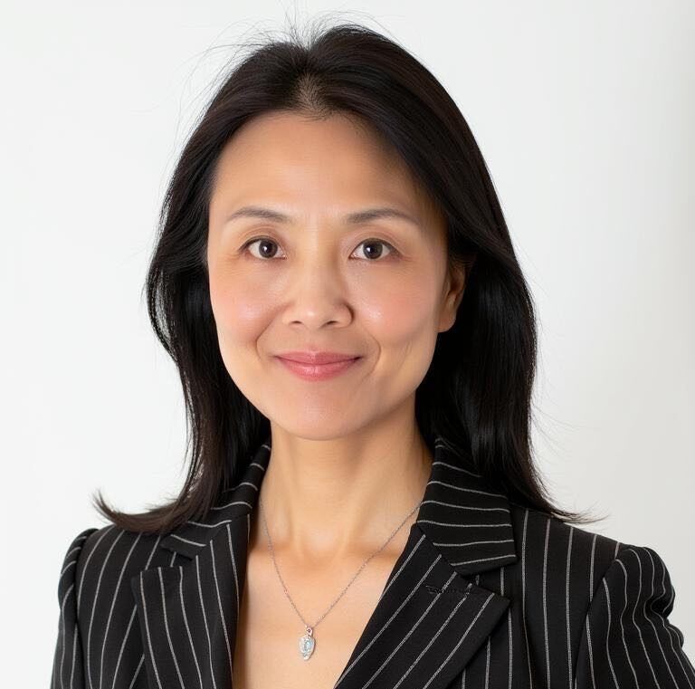 A woman wearing a striped jacket and necklace smiles for the camera
