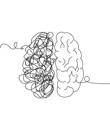 A continuous line drawing of a brain on a white background.