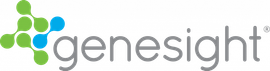 The logo for genesight is blue and green with a molecule in the middle.