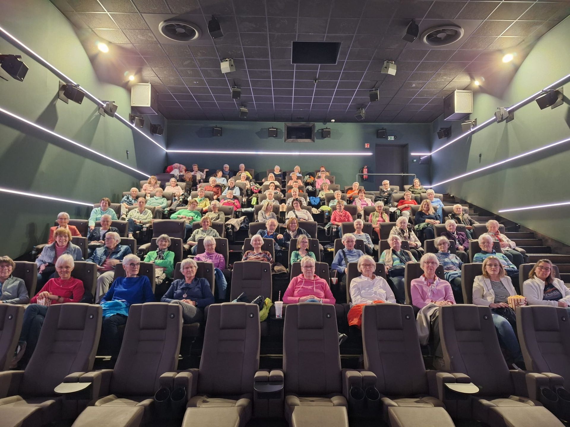 Eine große Gruppe von Menschen sitzt in einem Saal und sieht sich einen Film an.