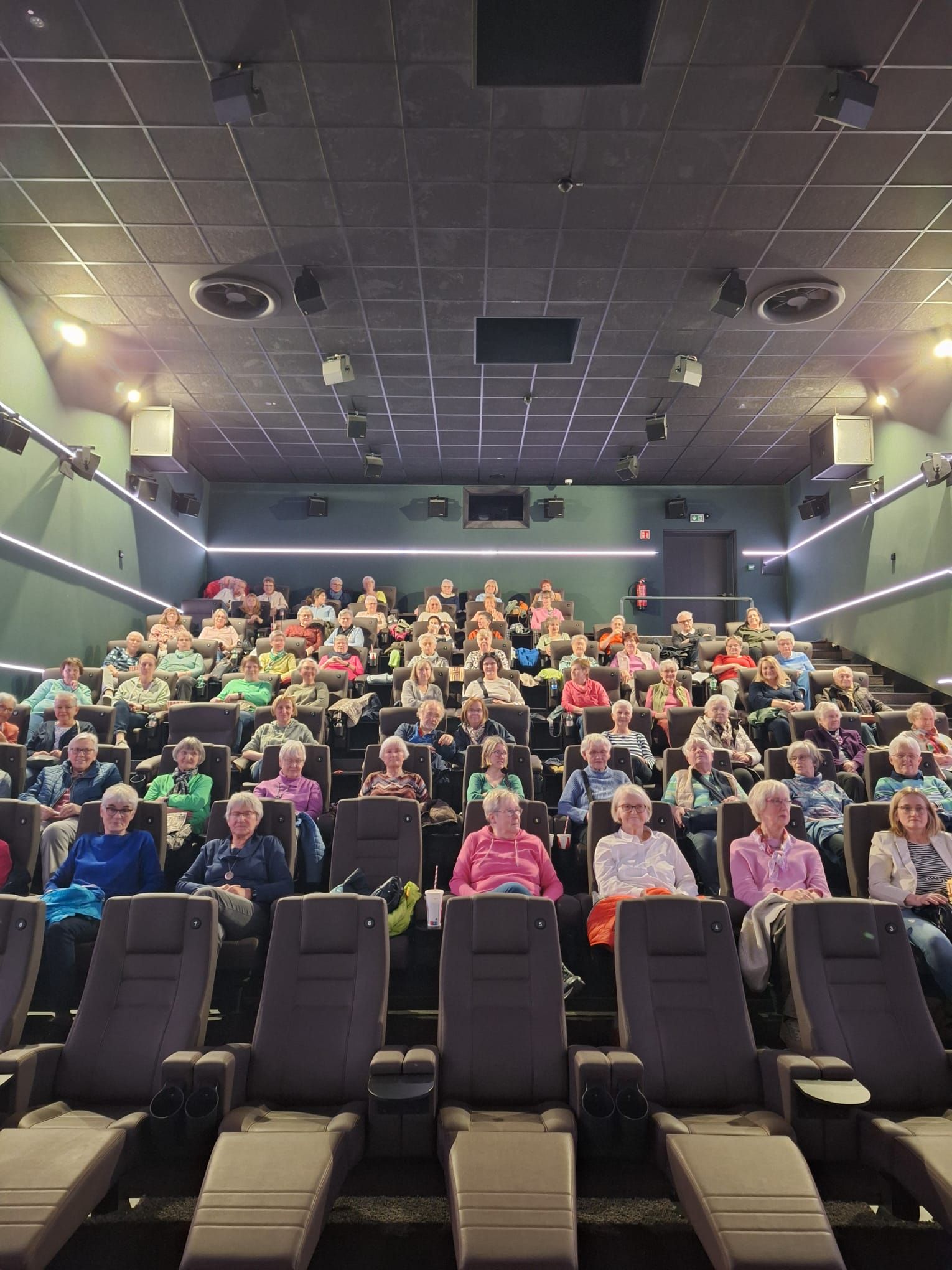 Eine große Gruppe von Menschen sitzt in einem Saal und sieht sich einen Film an.