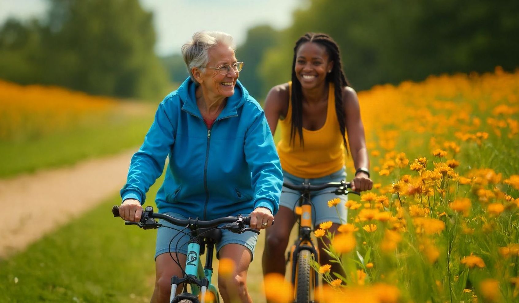 Zwei Frauen fahren mit dem Fahrrad durch eine Blumenwiese.
