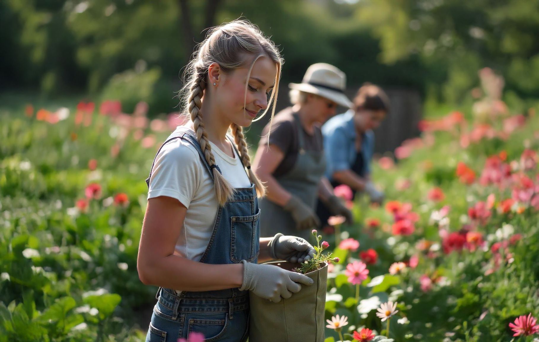 Eine Gruppe von Menschen pflückt Blumen auf einem Feld.