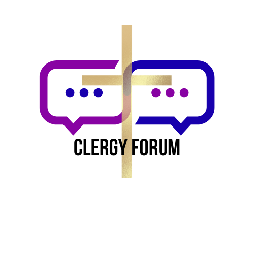 Logo of Clergy Forum: two chat bubbles, cross overlay, purple and blue, gold accents, text 