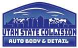 Logo for Utah State Collision, showing a cityscape, mountains, and text "Utah State Collision, Auto Body & Detail".