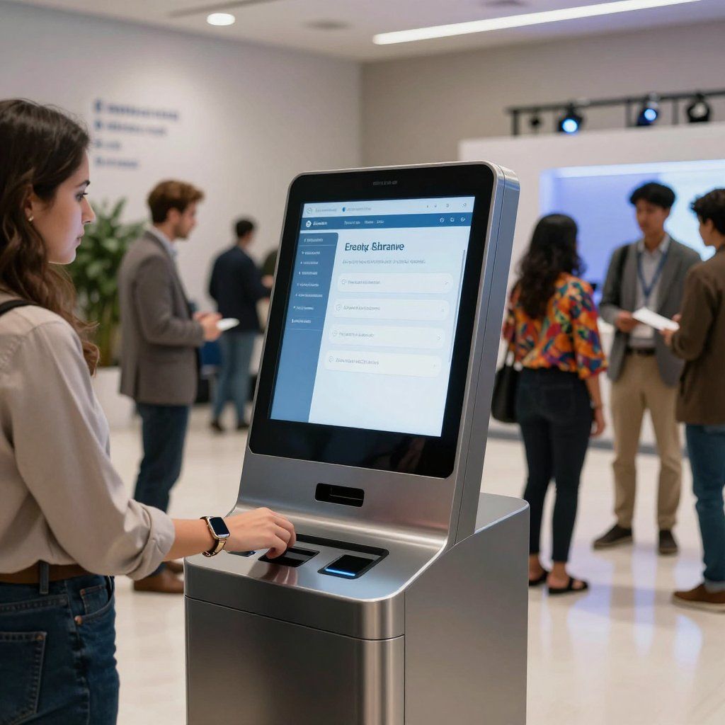 Woman using a self-service kiosk with a touchscreen in a public area; other people are nearby.