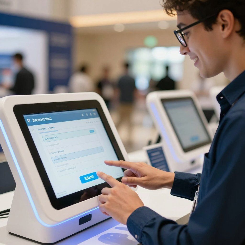 Man using a touchscreen kiosk, smiling, indoors. White kiosk with blue accent lights.