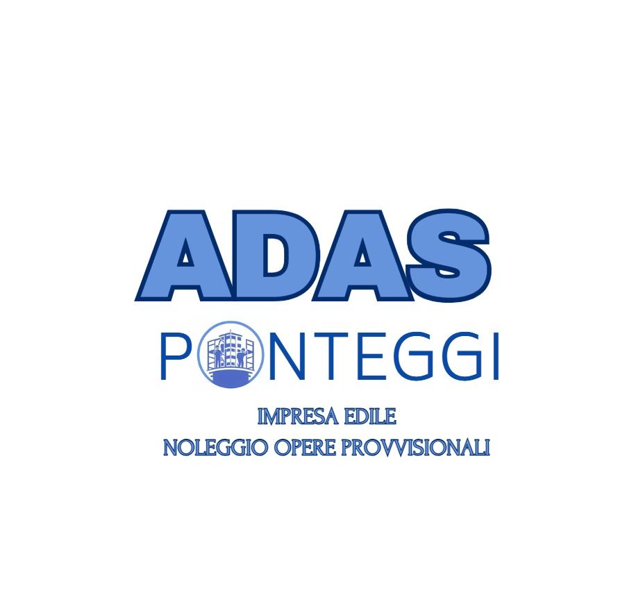 Logo per Adas Ponteggi caratterizzato da una scritta blu in grassetto, un'icona a forma di ponteggio e i servizi offerti dall'azienda in italiano.