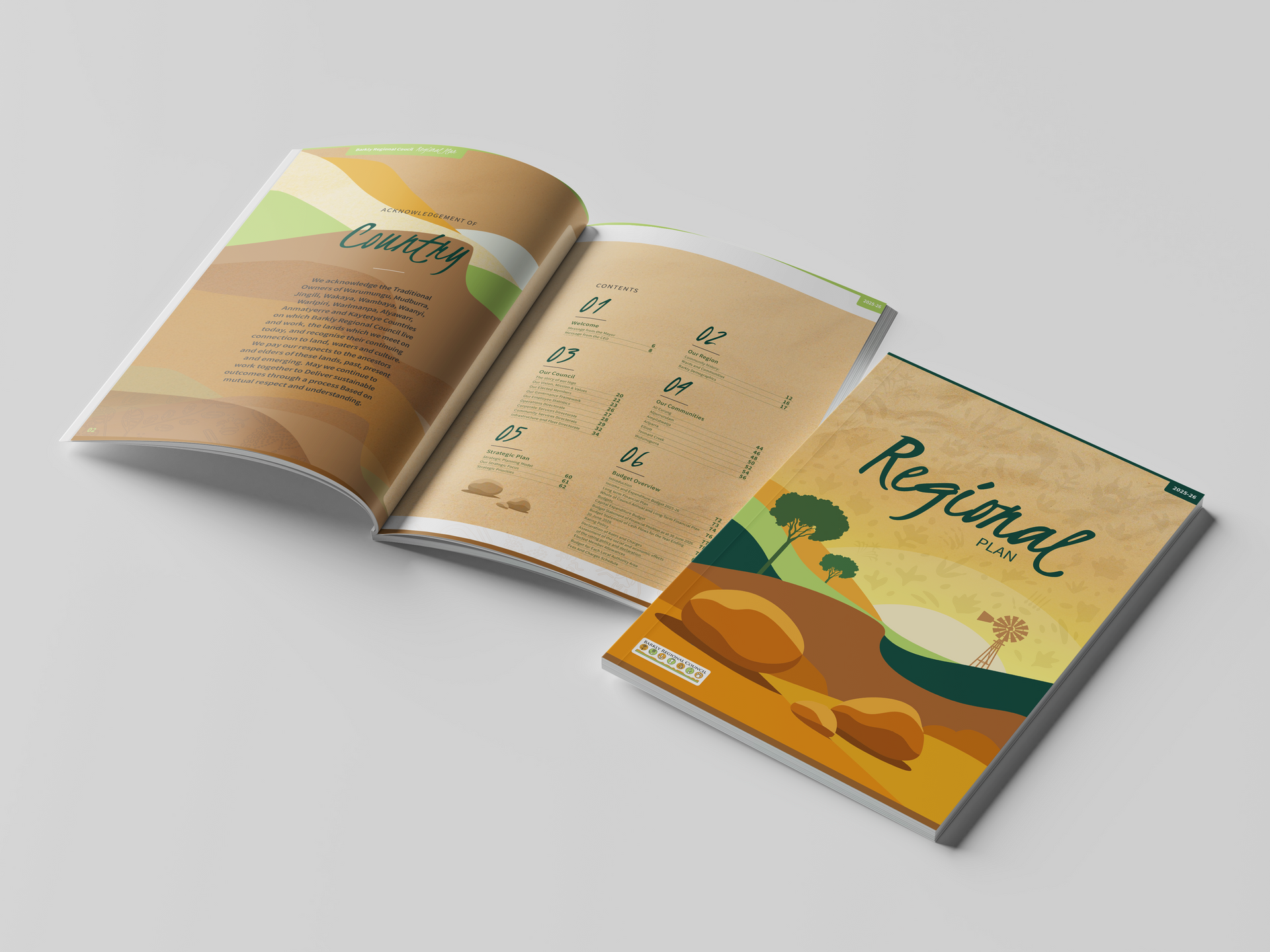 Open book and closed book beside it. Cover shows a landscape with a tree and hills.