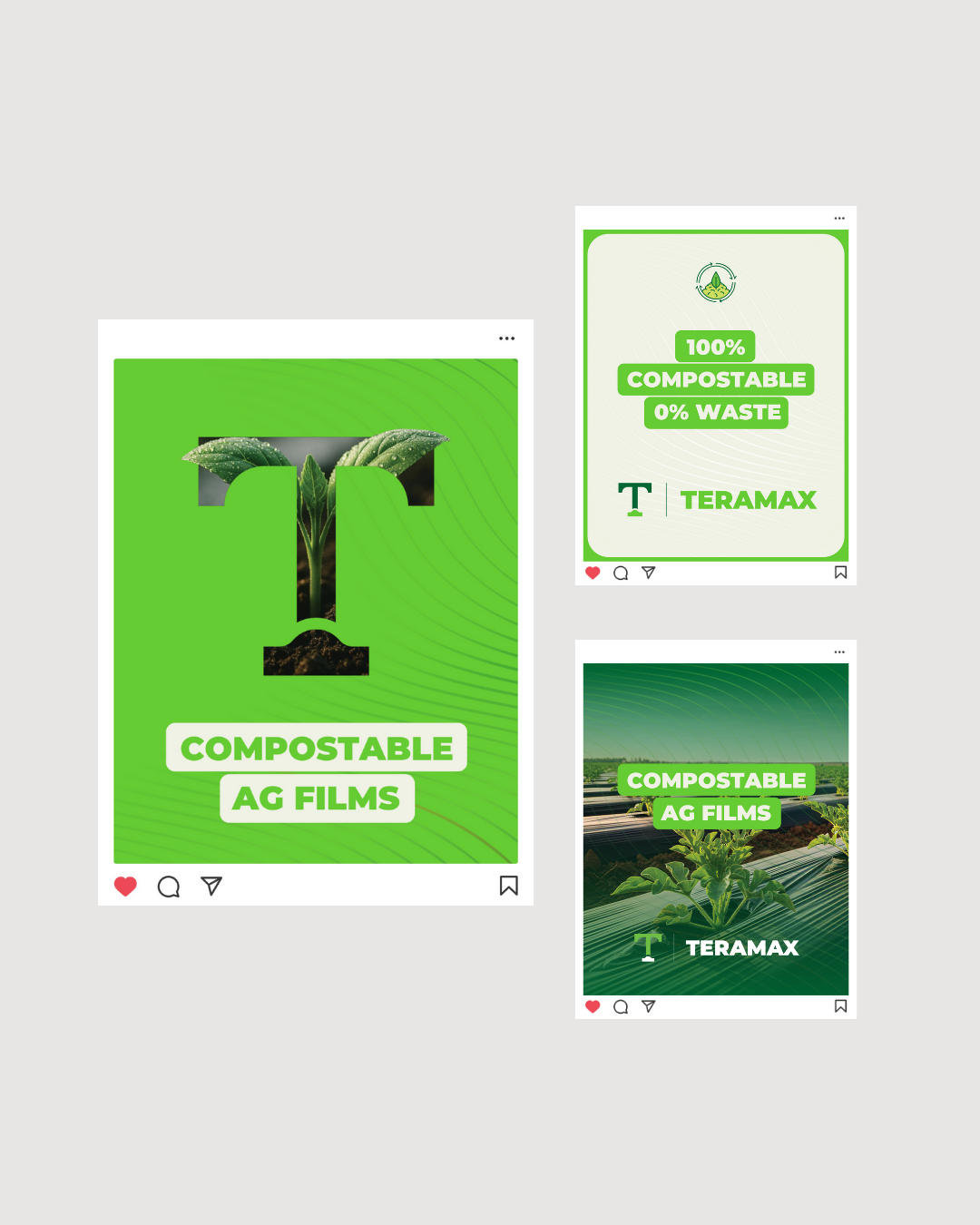 Social media posts promoting compostable agricultural films; green background and white text.