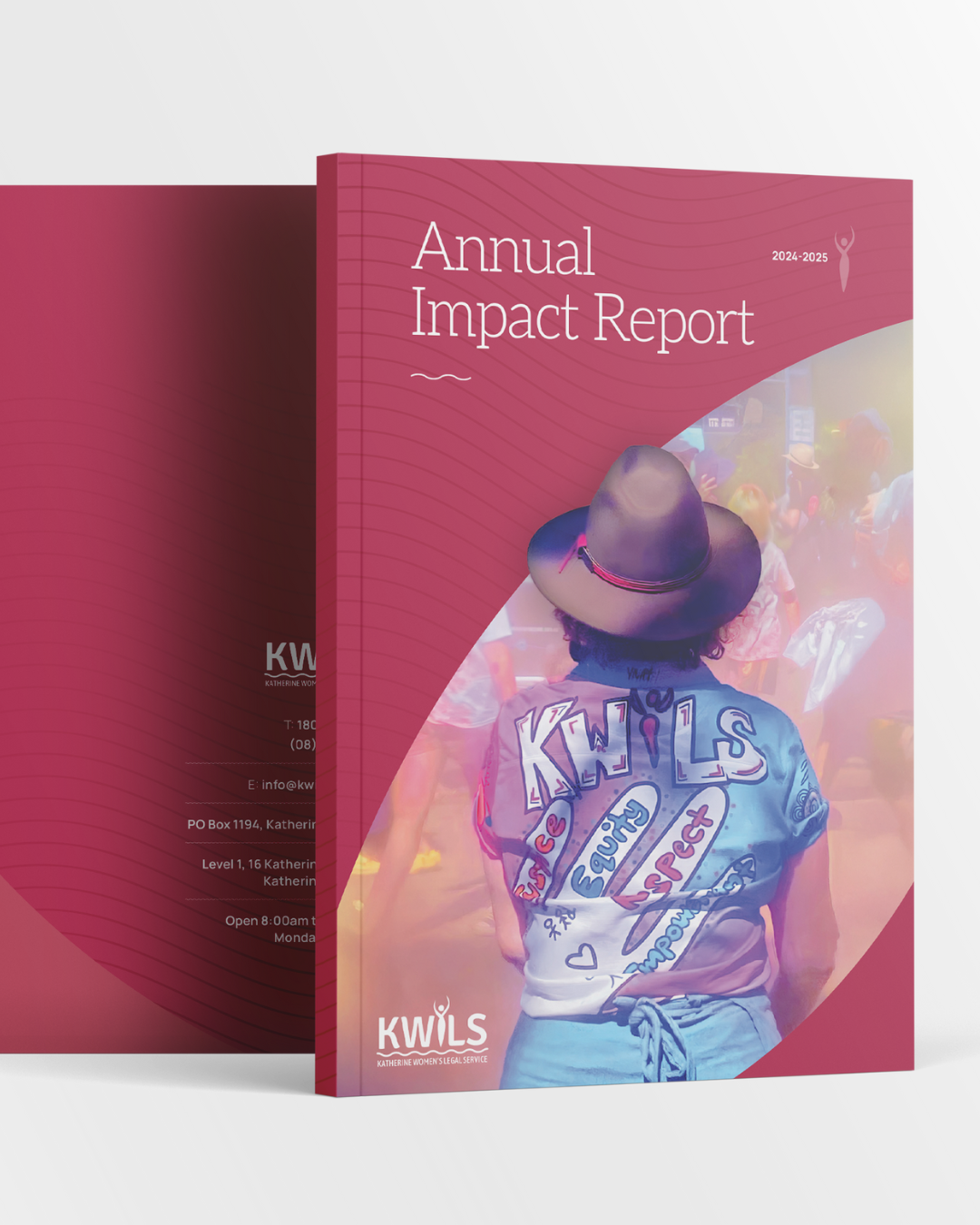 Annual Impact Report cover featuring a person wearing a cowboy hat, red background, and the organization's logo.