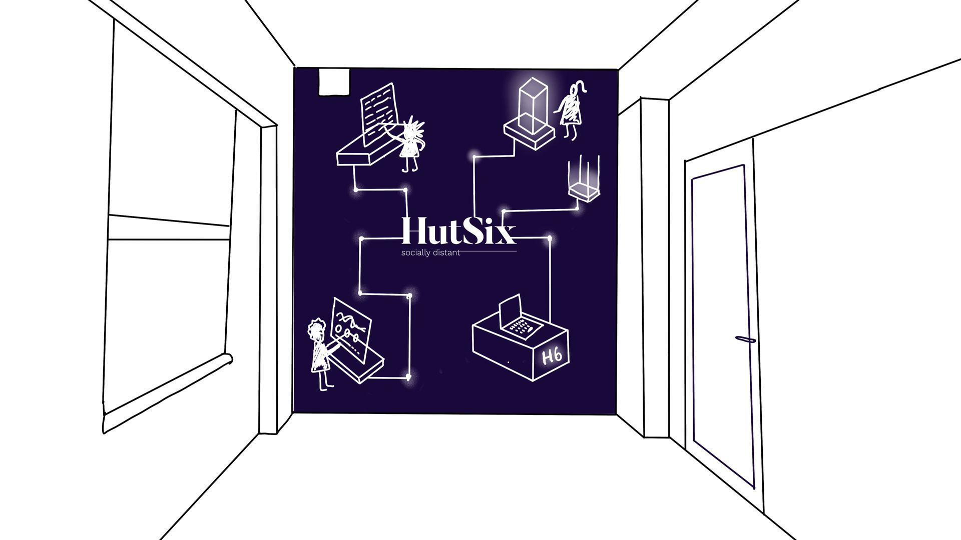 A drawing of a room with a sign that says hutsix