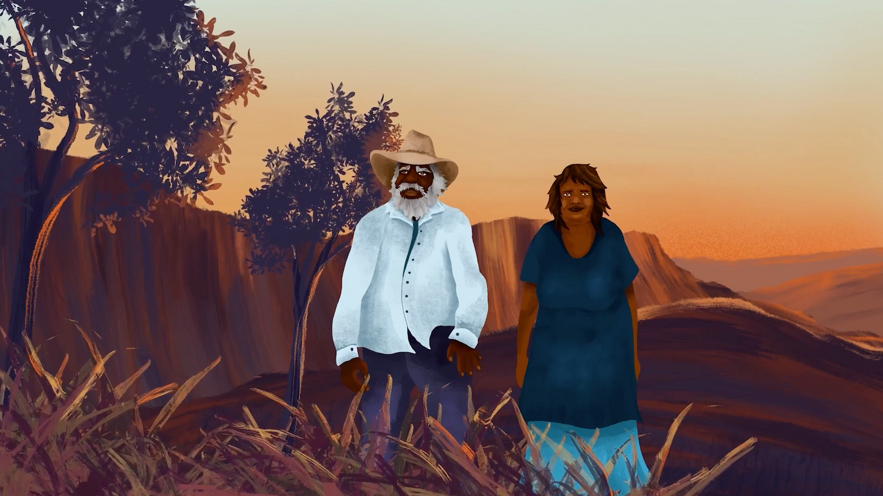 A man and a woman are standing next to each other in a field.