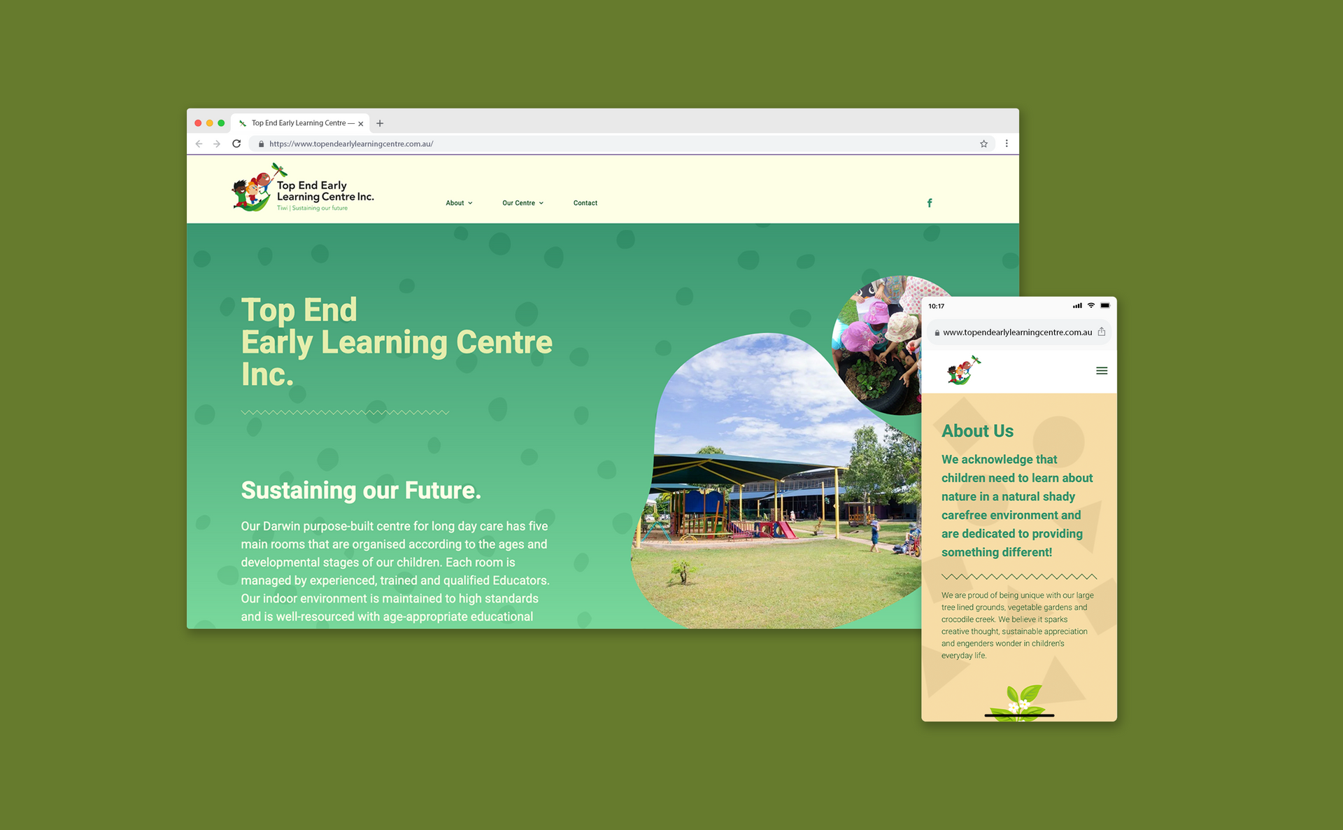 A website for top end early learning centre inc. is displayed on a green background.