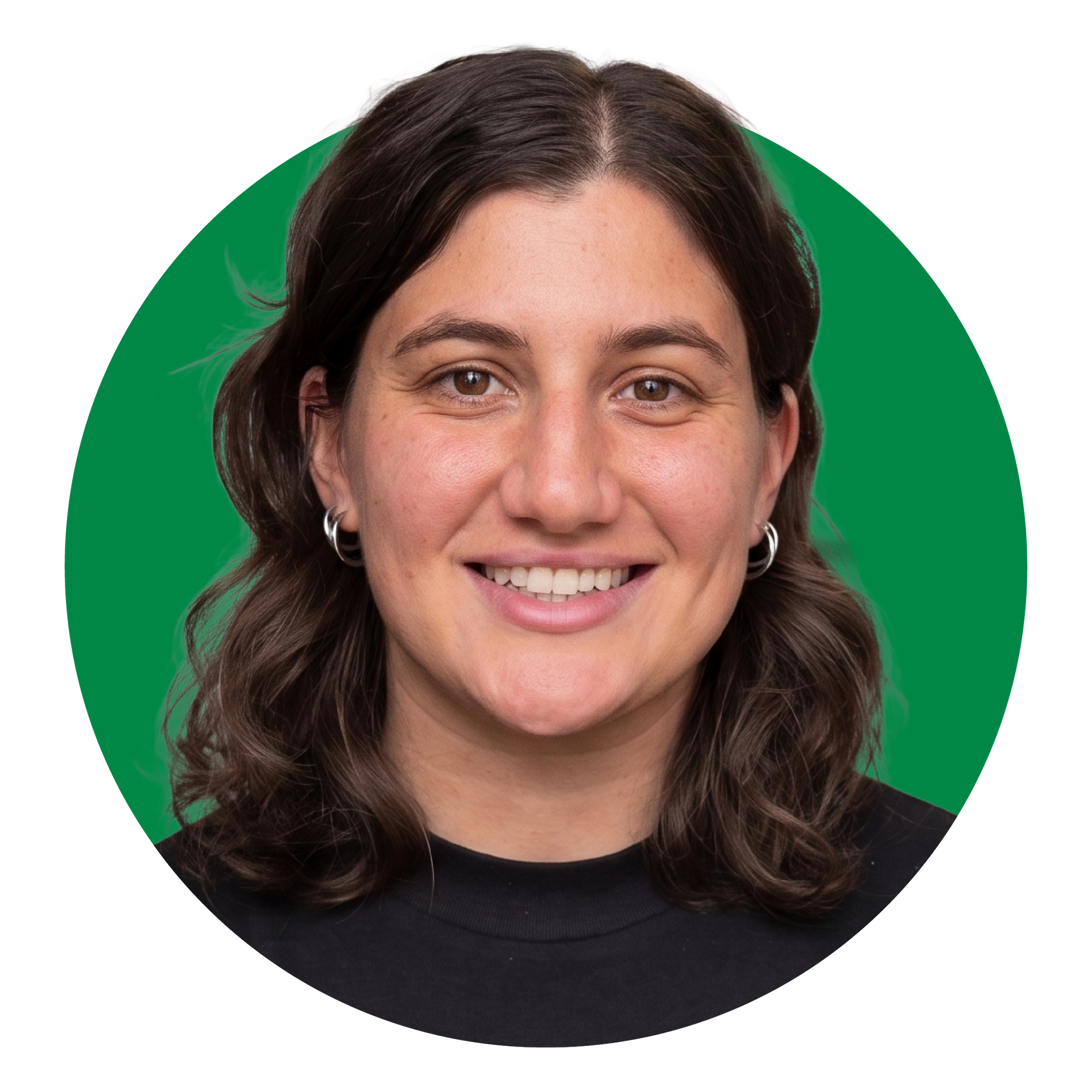 A woman in a black shirt is smiling in a green circle.