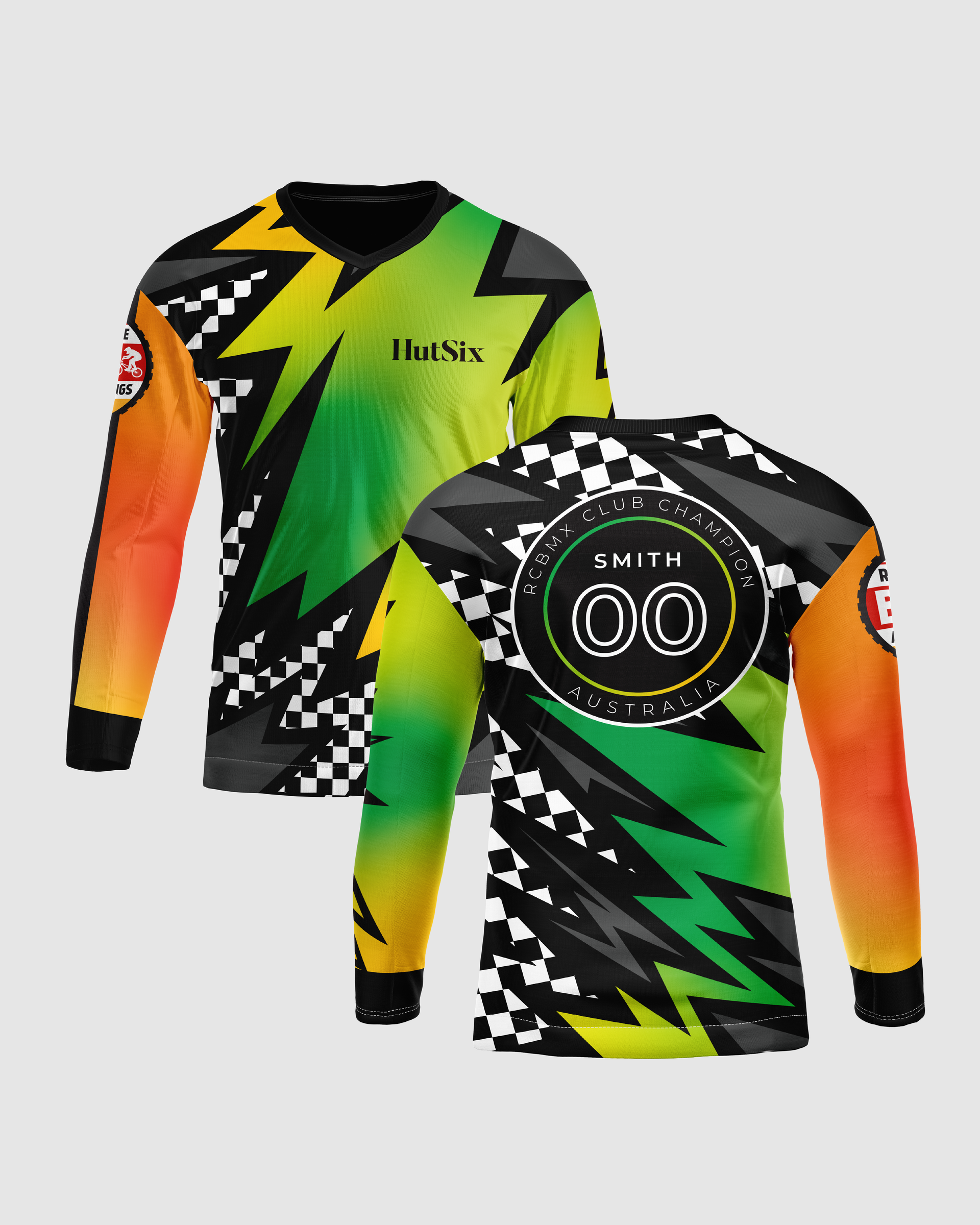 The front and back of a colorful motocross jersey.