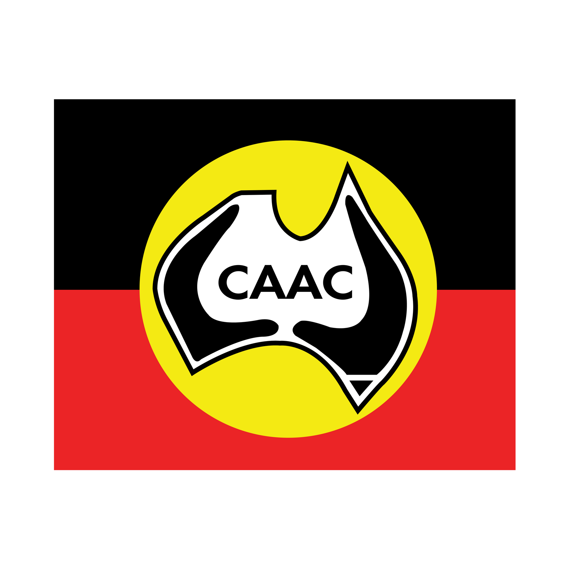 A black , yellow , and red flag with the caac logo on it.