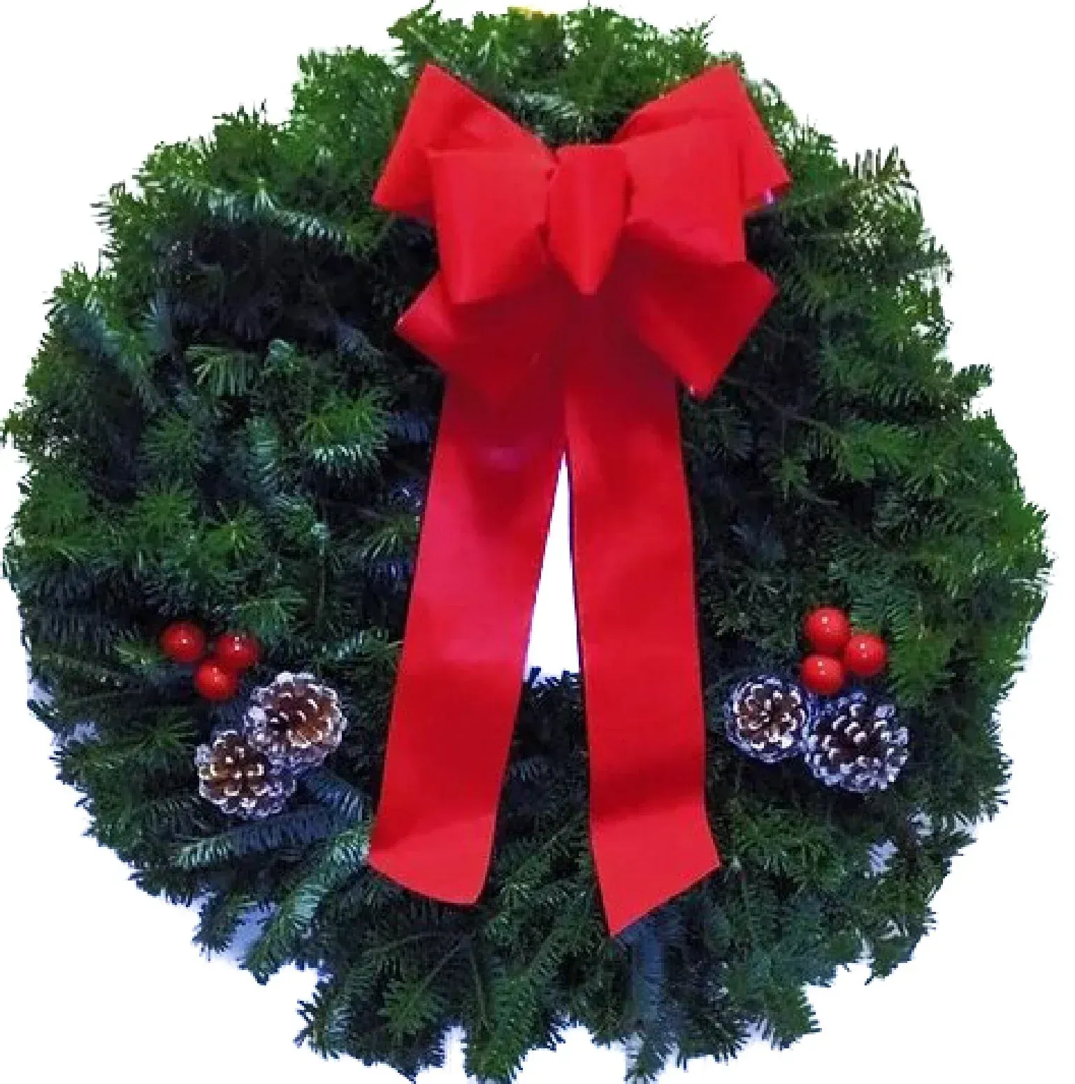 Christmas wreath with red bow, berries, and pinecones.