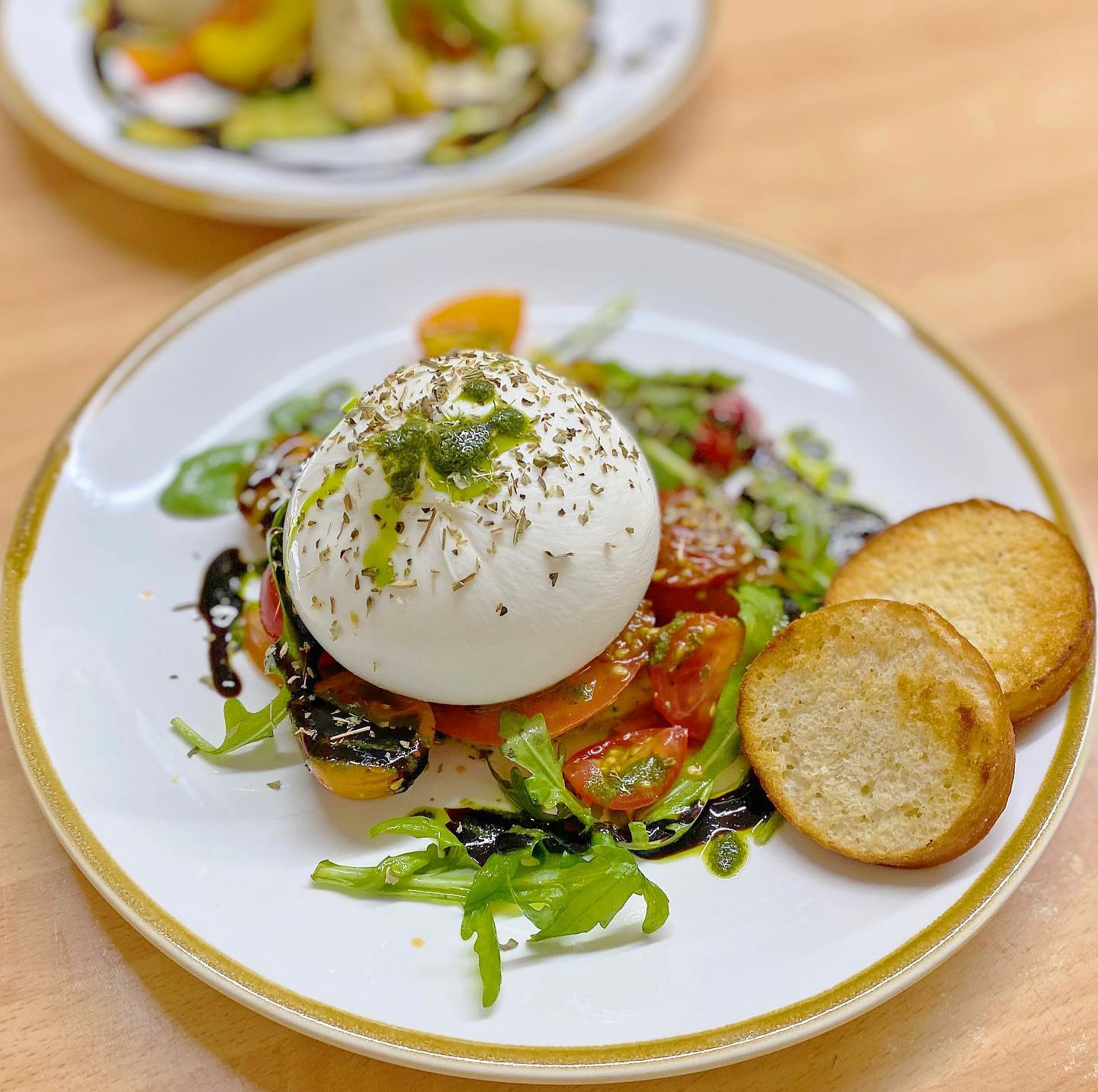 A close up of a plate of food on a table