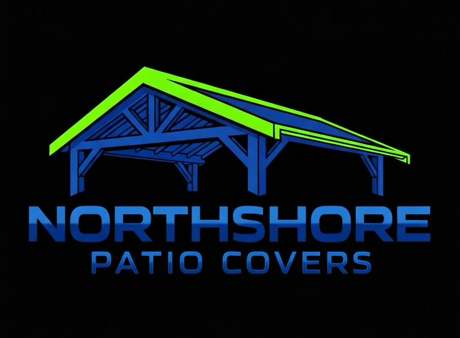 Logo for Northshore Patio Covers featuring a blue patio cover with a lime green roof on a black background.