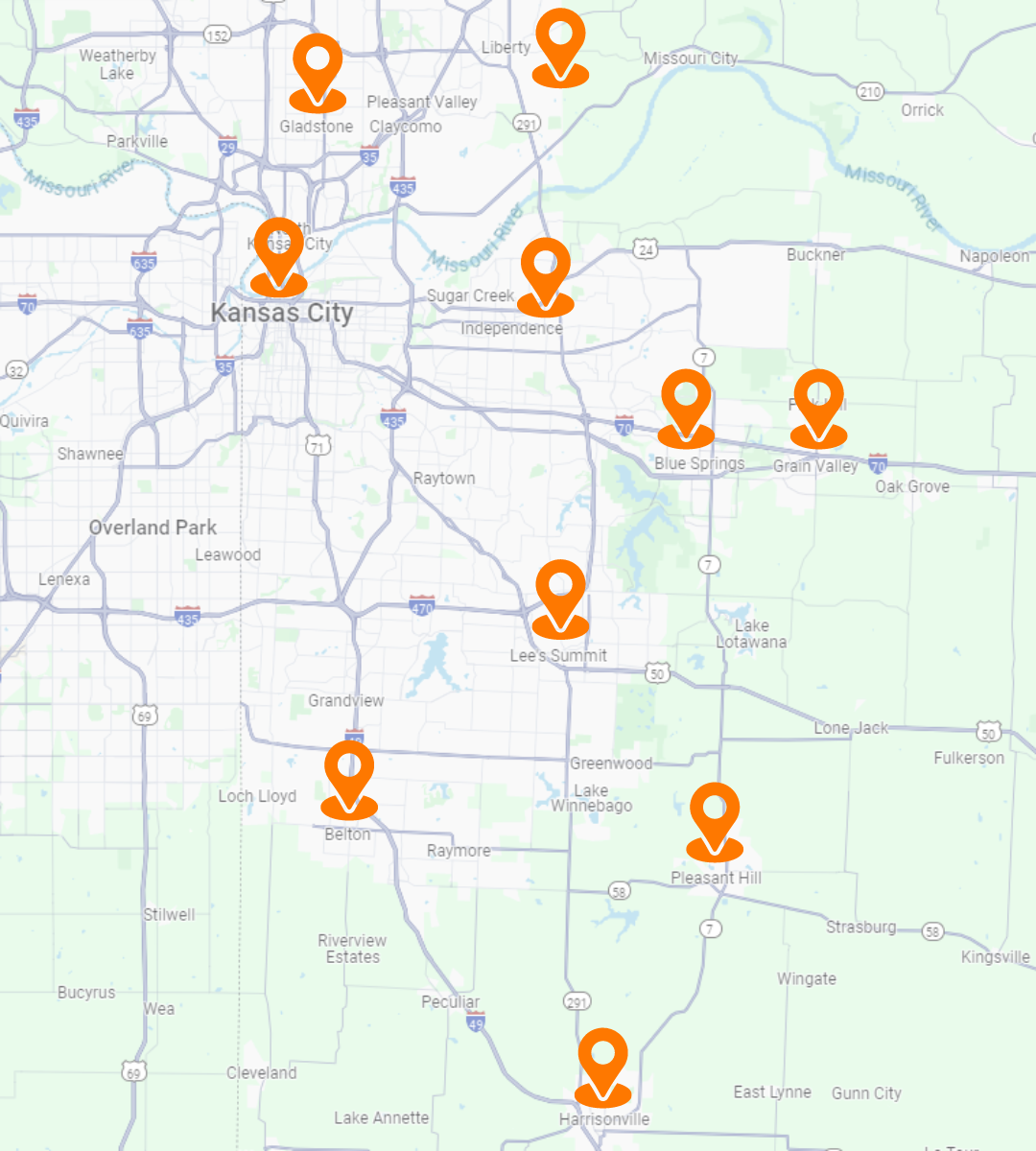 A map of kansas city with orange pins on it.