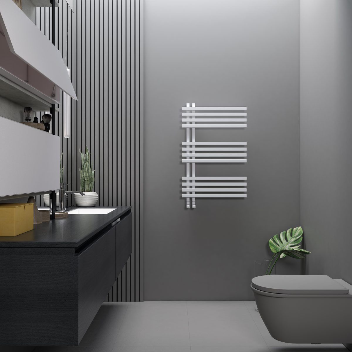 A bathroom with a toilet , sink and towel rack