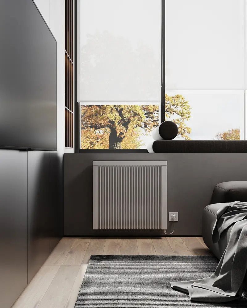 A living room with a bed , couch , radiator and large window.