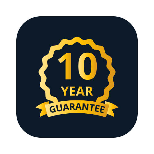 A 10 year guarantee icon on a black background.