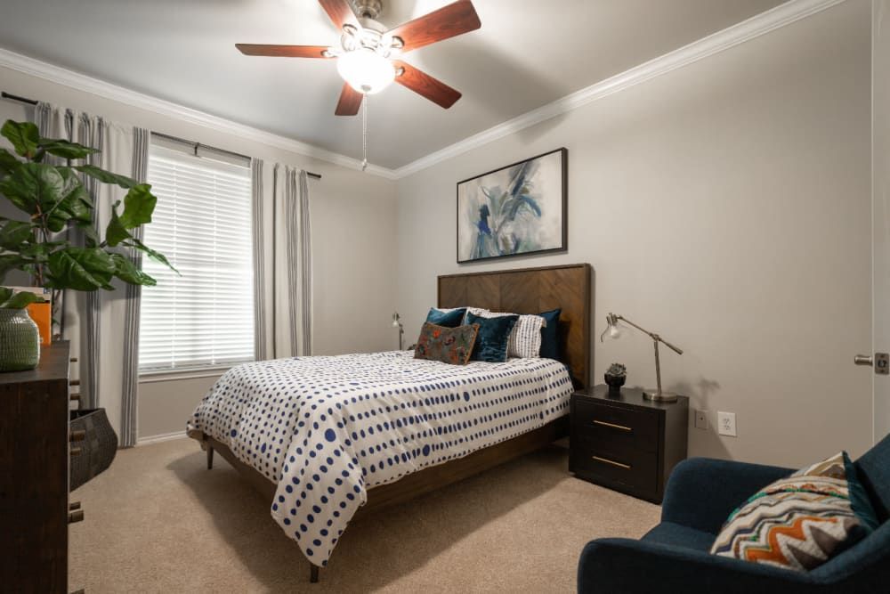 Cozy bedroom interior with a queen-sized bed with blue and white polka dot bedding, a brown leather headboard, a wooden bedside table with a lamp, a framed abstract painting above the bed, beige carpet flooring, striped window curtains, a ceiling fan, and tasteful decor including a green potted plant and decorative cushions at Marquis at Bellaire Ranch in Fort Worth, TX.