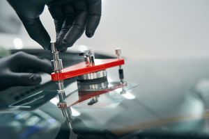 A person is fixing a cracked windshield on a car.