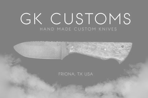 GK Customs knife with a textured blade and handle. Frioina, TX USA.