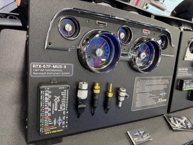 Dashboard display with retro gauges, wiring and sensors. Product model 