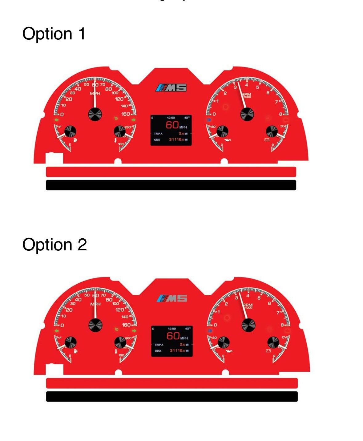 Two red car dashboard options with gauges and digital display. Option 1 has gauges at higher readings than option 2.